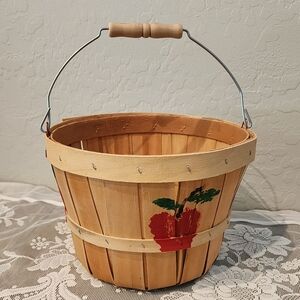 Rustic Wooden Basket with Red Apple Design